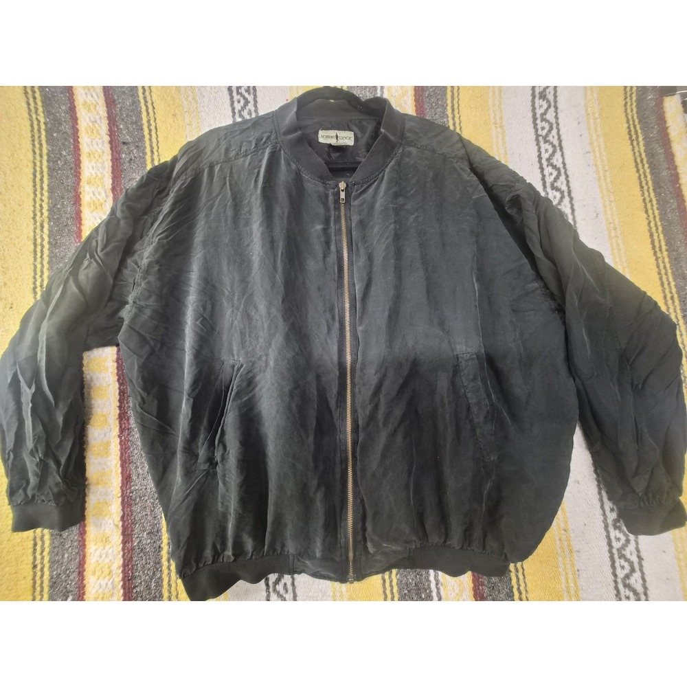 Robert Stock Silk Black Jacket Bomber Mens Large Oversized Vintage Zip Up